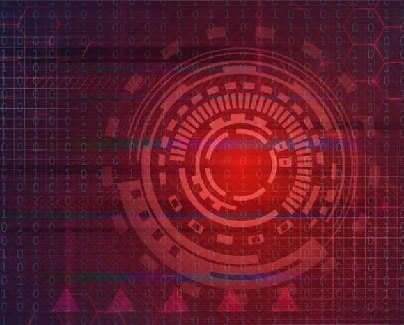 Eine digitale Illustration zeigt ein rotes, kreisförmiges Interface-Design über einem Raster aus Binärcode und evoziert so die Intensität eines Cyberangriffs. Konzentrische Muster und Linien verleihen dem Design vor einem Hintergrund aus Rot- und Dunkeltönen ein futuristisches Hightech-Erscheinungsbild und sorgen für Tiefe.