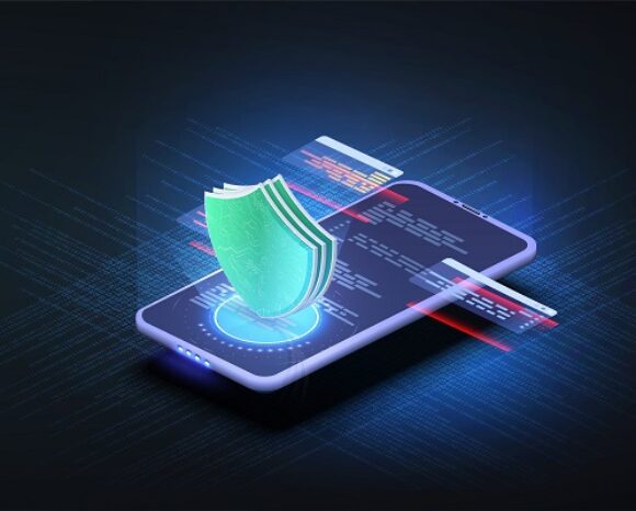 Abbildung eines Smartphones mit digitalen Schutzschilden, die Datenschutz symbolisieren. Code-Schnipsel schweben auf dunklem Hintergrund um das Telefon herum und heben Cybersicherheitskonzepte mit Kaspersky-Expertise hervor.