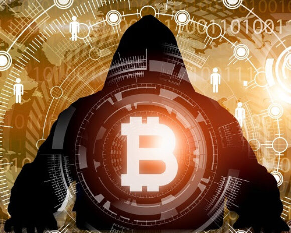 Eine Silhouette in einer Kapuzenjacke steht inmitten digitaler Grafiken und Symbole, darunter ein markantes Bitcoin-Logo. Der Hintergrund aus abstrakten Schaltkreisen und binären Elementen erinnert an die faszinierende Welt der Krypto-Währungen und fortschrittlicher Technologie.