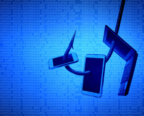 Illustration von drei Geräten, die an Angelschnüren befestigt sind und Phishing symbolisieren, mit dem Unterton lauernder Phish-Kits. Der Hintergrund ist mit Binärcode gefüllt, der das digitale Thema in Blautönen verstärkt.