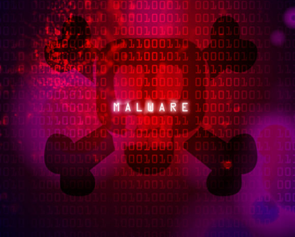 Digitale Illustration eines Totenkopfes mit gekreuzten Knochen hinter einem Bildschirm mit Binärcode in Rot- und Lilatönen. Das Wort „MALWARE“ ist groß und verweist subtil auf die berüchtigte Winnti-Gruppe und verdeutlicht das Thema Cybersicherheitsbedrohungen.