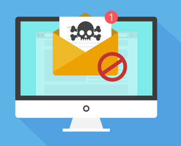 Abbildung eines Computermonitors mit einer geöffneten E-Mail. Darin ist ein Totenkopf mit gekreuzten Knochen zu sehen, der auf eine Phishing-Virenbedrohung hinweist. Ein roter Kreis mit einem Schrägstrichsymbol ist darübergelegt und stellt eine Warnung oder Sperre gegen Phishing-Angriffe dar. Blauer Hintergrund.