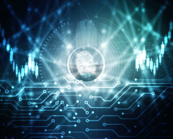 Eine futuristische digitale Schnittstelle weist in ihrer Mitte einen leuchtenden Fingerabdruck auf, umgeben von elektronischen Schaltkreismustern und schwankenden Wellenformen in Blautönen, die fortschrittliche Technologie und IT-Forensik-Themen symbolisieren.