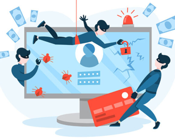 Illustration von maskierten Gestalten, die einen Computer hacken: Eine hängt darüber und manipuliert die Identitätsverwaltung mit einem Schloss; eine andere zieht eine Kreditkarte durch, während eine dritte Wanzen einbaut. Geld schwebt herum, während über dem Monitor eine Alarmleuchte blinkt und das Chaos verdeutlicht.