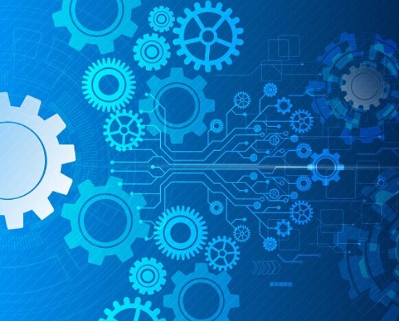 Abstrakte digitale Illustration mit miteinander verbundenen blauen Zahnrädern und Schaltkreisen auf dunkelblauem Hintergrund, symbolisiert Technologie und Mechanik. Die drohende Präsenz von Ransomware dient als zugrundeliegendes Thema und weist auf die Schwachstellen dieser komplexen digitalen Maschinerie hin.