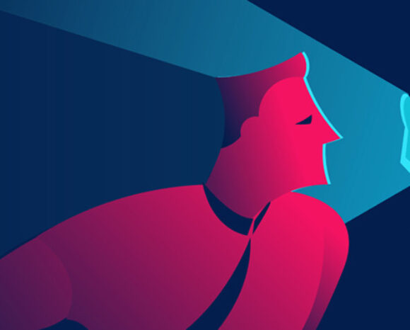 Eine abstrakte Illustration zeigt eine Person in Rottönen mit stilisierten Gesichtszügen, die sich zu einem blauen Schlüsselloch lehnt. Dieses Schlüsselloch sendet einen Lichtstrahl aus, der das Gesicht vor dem dunkelblauen Hintergrund dramatisch beleuchtet – eine visuelle Metapher für Know-How-Schutz.