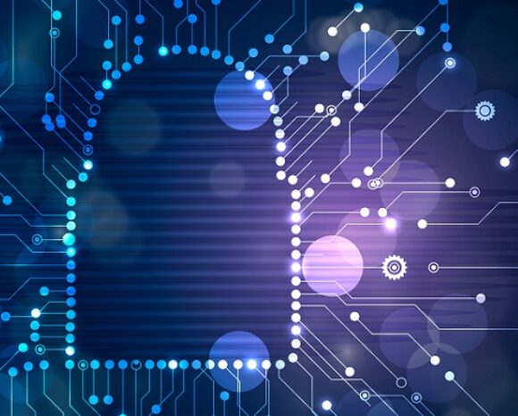 Eine digitale Illustration eines Vorhängeschlosses aus leuchtend blauen Schaltkreisen und Zahnradsymbolen auf dunklem Hintergrund symbolisiert Cybersicherheit und Datenschutz. Über das Bild verteilte Lichtkugeln verstärken das Tech-Thema und unterstreichen subtil eine robuste Risikostrategie.