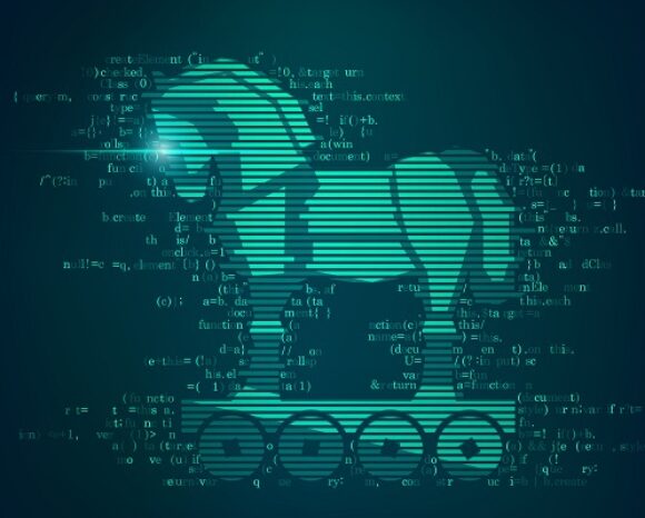 Digitale Illustration eines Trojanischen Pferdes, bestehend aus grünem Code und binären Mustern. Das Pferd im klassischen Design steht vor einem dunklen Hintergrund mit verstreutem Textcode und symbolisiert Cybersicherheitsbedrohungen oder Phishing- und Malware-Konzepte.