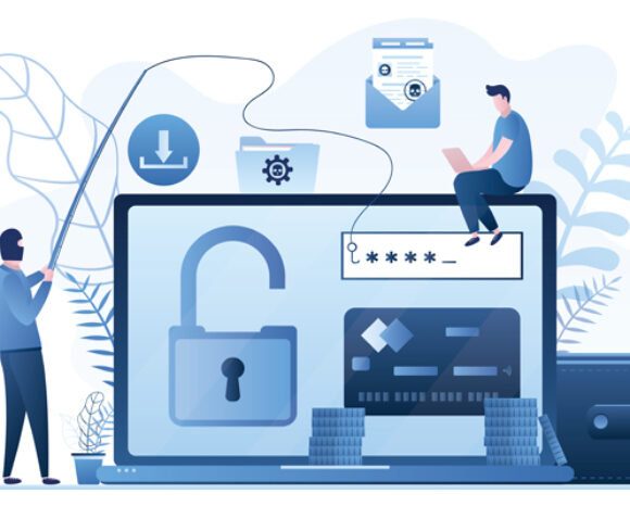 Eine Illustration zeigt einen Mann mit einer Angelrute, der auf einen Laptop-Bildschirm zielt, auf dem ein unverschlossenes Vorhängeschloss, ein Passwort, eine Kreditkarte und Dateien angezeigt werden. Eine weitere Person sitzt mit einem Laptop am Bildschirm. Symbole für Einstellungen und Downloads heben Cybersicherheitsthemen hervor und heben Phishing-Angriffe hervor.