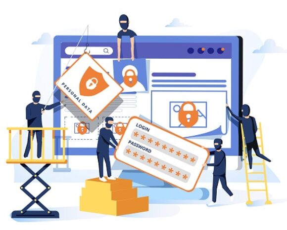 Die Illustration maskierter Figuren, die geschickt übergroße sichere Login-Elemente auf einer Webseite manipulieren, unterstreicht die Bedeutung digitaler Sicherheit. Sie bearbeiten Elemente mit der Aufschrift „Persönliche Daten“ und zeigen ein Login- und Passwortformular, um Datenschutz und Sicherheitsbewusstseinstraining zu betonen.