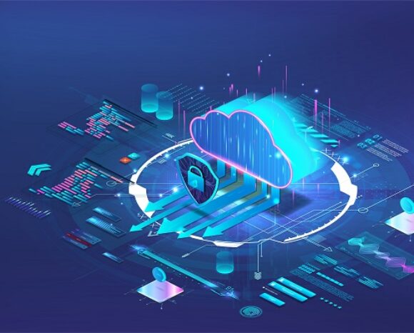 Digitale Illustration einer leuchtenden Wolke, umgeben von verschiedenen digitalen Symbolen und Grafiken auf blauem Hintergrund. Sie symbolisiert Cloud Computing, SaaS-Anwendungen und Technologieintegration. Ein Vorhängeschloss-Symbol weist auf die Datensicherheit hin.