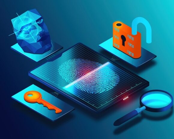 Eine digitale Illustration zeigt einen Fingerabdruck auf einem Tablet, ein Low-Poly-Gesichtsmodell, ein offenes Schloss, einen Schlüssel und eine Lupe vor einem blauen Hintergrund mit Farbverlauf. Dieses Bild verkörpert die Konzepte von Sicherheit und biometrischer Technologie und verdeutlicht moderne Ansätze der Authentifizierung.