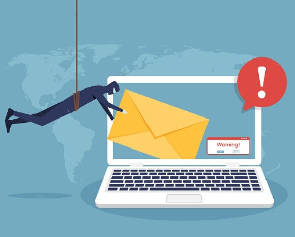 In dieser Illustration hängt eine Figur im Anzug an einem Seil und wirft geschickt einen großen gelben Umschlag in einen Laptop-Bildschirm. Das ominöse rote Ausrufezeichen und das Wort „Warnung!“ weisen auf die Phishing-Bedrohung hin, die in dieser digitalen Begegnung lauert.