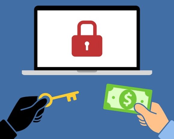 Eine Abbildung zeigt einen gesperrten Computerbildschirm mit einem roten Vorhängeschloss-Symbol. Darunter hält eine behandschuhte Hand einen Schlüssel, während eine andere Dollarscheine umklammert. Dies symbolisiert eine Transaktion oder einen Austausch im Zusammenhang mit Sicherheiten oder Lösegeldforderungen.