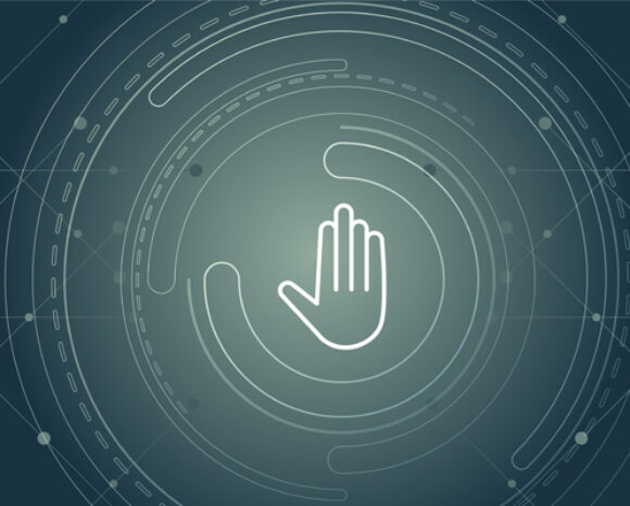 Eine digitale Illustration zeigt ein Symbol einer offenen Hand inmitten eines kreisförmigen, futuristischen Musters mit konzentrischen Linien und Punkten auf dunklem Hintergrund, das den Technologiewandel symbolisiert.