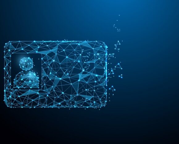 Eine digitale Illustration eines futuristischen digitalen Ausweises, bestehend aus miteinander verbundenen blauen Linien und Punkten auf dunkelblauem Hintergrund. Die Karte verfügt über ein Profilsymbol und ein QR-Code-Design, das digitale Daten und Technologie repräsentiert.