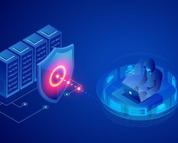 Illustration einer vermummten Figur mit Laptop in einer Blase, die Cyberkriminalität und Cyberangriffe symbolisiert. Links sind Server mit einem Schild mit Zielscheibensymbol verbunden, das Cybersicherheitsmaßnahmen demonstriert. Der blaue digitale Hintergrund verstärkt die technische Atmosphäre.