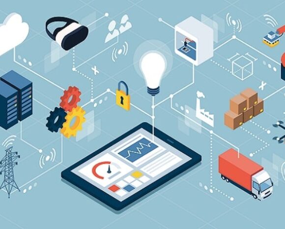 Eine Illustration mit Technologie- und Automatisierungskonzepten beleuchtet das industrielle Internet der Dinge. Sie zeigt ein Tablet, eine Glühbirne, ein VR-Headset, Zahnräder, eine Cloud, einen Roboterarm, einen LKW, eine Drohne und einen Server, die durch Leitungen miteinander verbunden sind. Diese Elemente suggerieren nahtlose digitale Prozesse und Logistik.