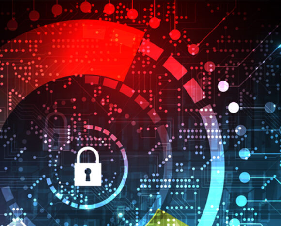 Abstraktes digitales Bild mit einem Vorhängeschloss-Symbol in konzentrischen Kreisen. Der Hintergrund zeigt einen Blau-Rot-Farbverlauf und Leiterplattenmuster. Diese symbolisieren Cybersicherheit und Bedrohungen durch Ransomware-as-a-Service und unterstreichen die Bedeutung des Datenschutzes.