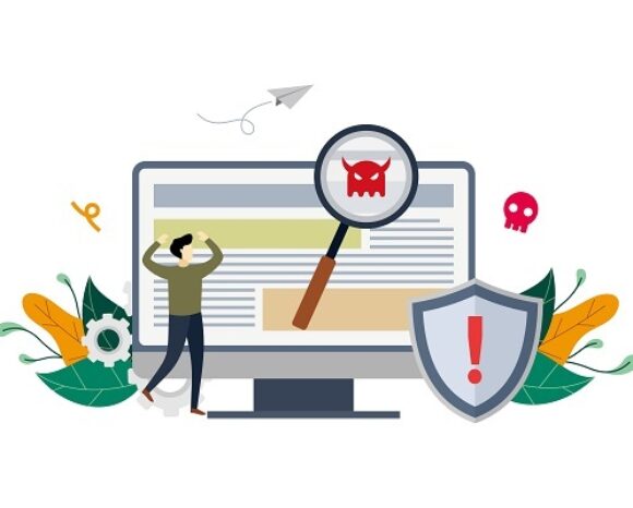 Die Illustration zeigt eine Person vor einem großen Computerbildschirm. Eine Lupe schwebt über einem roten Käfer-Symbol, das Malware symbolisiert. Daneben sorgt ein Schild mit einem Ausrufezeichen für Dringlichkeit. Umgeben ist die Szene von dekorativen Pflanzen, einem Zahnrad und einem Papierflieger, die für Cybersicherheit stehen.