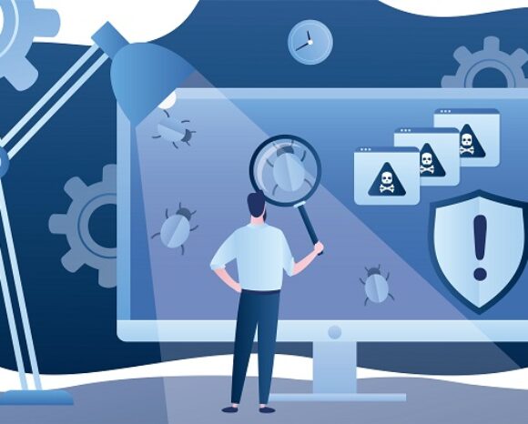 Eine Illustration zeigt eine Person, die den Geist der IT-Forensik verkörpert und mit einer Lupe einen Computerbildschirm mit Fehlern, Totenkopfsymbolen und einem Warnsymbol untersucht. Im Hintergrund ragen eine große Lampe und Zahnräder hervor, die das Cybersicherheitsmotiv unterstreichen.