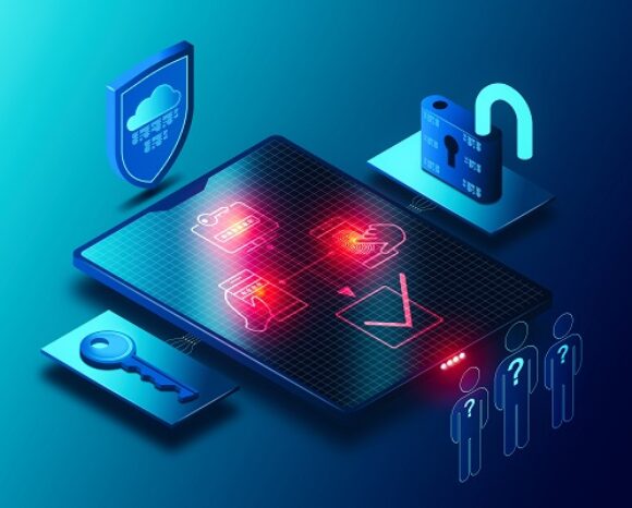 Eine digitale Darstellung von Cybersicherheitselementen auf einem Tablet zeigt Symbole wie Schlüssel, Cloud-Schutz, Vorhängeschloss und Dokumente. Darunter befindet sich ein Hinweis auf die Multi-Faktor-Authentifizierung. Drei Silhouetten mit Fragezeichen stehen daneben und weisen auf nicht identifizierte Benutzer hin. Neon- und Farbverläufe dominieren.