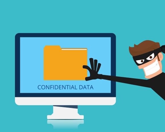 Illustration eines Diebes mit schwarzer Maske, der lächelt, während er nach einem Computerbildschirm greift, auf dem ein gelber Ordner mit der Aufschrift „VERTRAULICHE DATEN“ auf blauem Hintergrund angezeigt wird, und der das Wesen der Wirtschaftsspionage einfängt.