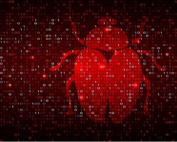 Die leuchtend rote Silhouette eines Käfers mit schaltkreisartigen Mustern steht vor einem Hintergrund aus schwarzem Binärcode und symbolisiert digitale Bedrohungen wie Ransomware.