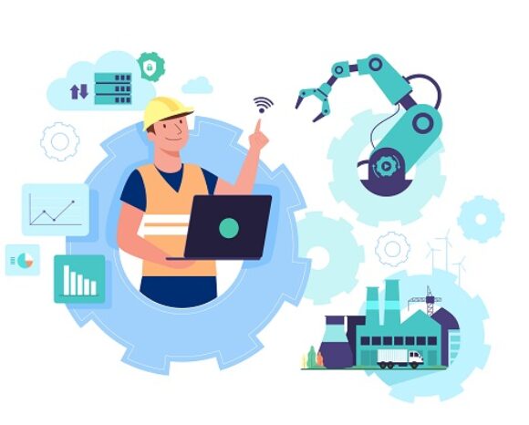 Illustration eines Fabrikarbeiters mit Laptop, Schutzhelm und Sicherheitsweste, der mit einem Roboterarm kommuniziert. Diagramme und Zahnräder umgeben ihn, daneben eine Industrieanlage mit Windturbinen, die Automatisierung, Industrie und effiziente Logistiksysteme symbolisieren.