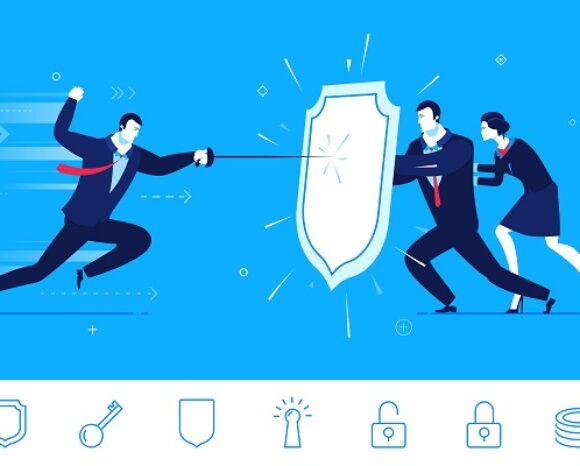 Illustration eines Geschäftsmannes mit einem Schwert, der auf einen Mann und eine Frau mit Schildern zustürmt. Vor einem blauen Hintergrund voller Sicherheitssymbole wie Schildern, Schlüsseln und Schlössern. Diese Szene verkörpert die Essenz von Cyberversicherungen und symbolisiert robusten Schutz und Cybersicherheit.