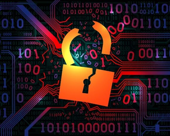 Eine abstrakte digitale Illustration zeigt in der Mitte ein leuchtend orangefarbenes, offenes Vorhängeschloss, umgeben von rot-blauem Binärcode auf dunklem Hintergrund. Diese Komposition, ähnlich einem digitalen Barometer, symbolisiert Konzepte der Cybersicherheit und Datenschutzverletzungen.