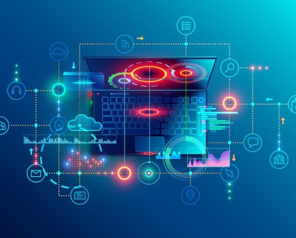 Ein Laptop mit leuchtendem Bildschirm zeigt abstrakte digitale Grafiken und verbundene Symbole wie eine Wolke, ein Schloss, E-Mail und Diagramme – symbolisieren APIs. Der Hintergrund ist mit einem Farbverlauf aus Blau- und Grüntönen versehen, der das technologieorientierte Netzwerkthema unterstreicht.