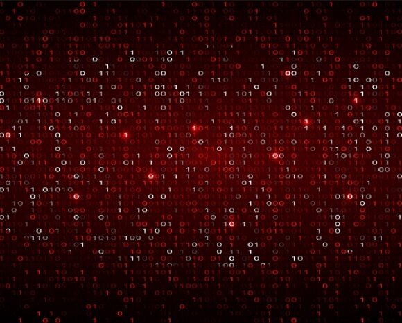 Ein digitaler Hintergrund mit rotem Binärcode, bestehend aus Einsen und Nullen, dicht verstreut auf einer dunklen Oberfläche. Das Muster erzeugt eine abstrakte, technisch inspirierte Ästhetik und deutet subtil auf Cyberbedrohungen hin, die in den digitalen Schatten lauern.