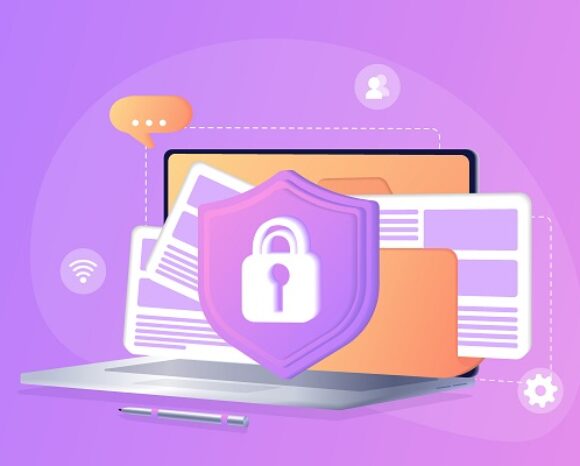 Ein Laptop mit Windows 8.1 zeigt Webseiten mit einem Schild und einem Vorhängeschloss an, die Cybersicherheit symbolisieren. Um das Schild herum sind Symbole für ein WLAN-Signal, eine Chat-Blase, ein Benutzerprofil und ein Zahnrad vor einem leuchtenden Farbverlauf aus Lila und Orange zu sehen.
