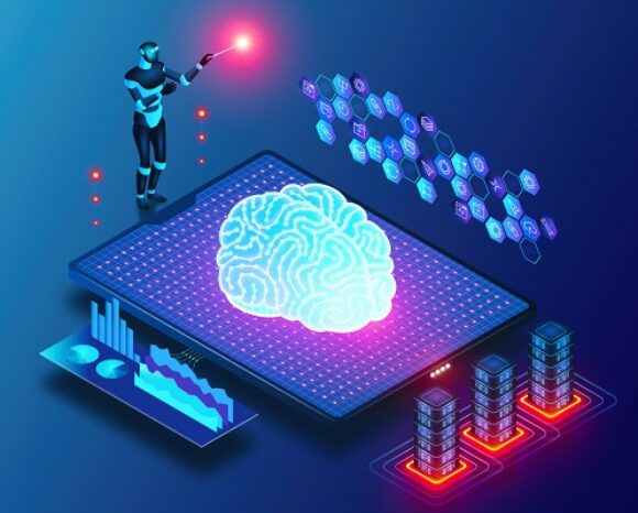 Eine futuristische digitale Illustration zeigt einen Roboter, der mit einem leuchtenden Gehirn auf einem Tablet interagiert, das eine Vertrauensplattform für KI-Lösungen darstellt. Umgeben ist das Tablet von Datendiagrammen, sechseckigen Symbolen und beleuchteten Servertürmen vor einem blauen Farbverlauf.
