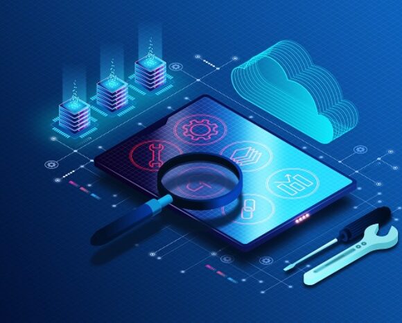 Futuristisches Technologiebild mit einem Tablet mit Symbolen unter einer Lupe, einer digitalen Cloud und Server-Stacks. Ein Schraubenschlüssel und ein Schraubendreher sind in der Nähe auf dem blauen Gittermuster-Hintergrund platziert und vermitteln die Präzision einer TLS-Testtool-Umgebung.