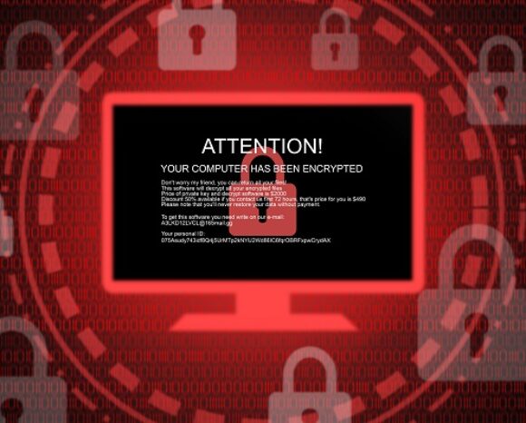 Auf einem Computerbildschirm erscheint eine erschreckende Ransomware-Meldung: „Achtung! Ihr Computer wurde verschlüsselt!“, in strahlend weißem Text auf schwarzem Hintergrund. Um die Warnung herum sind ominöse rote digitale Schlosssymbole angebracht, die signalisieren, dass die Ransomware weiterhin ein Top-Killer ist, während die nächste Ransomware-Ära bevorsteht.