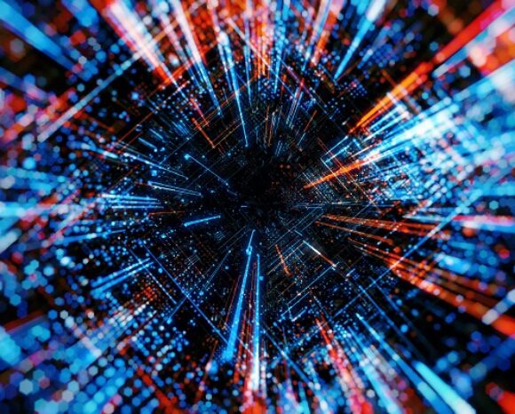 Abstraktes Bild mit leuchtend roten und blauen Lichtern, die zur Mitte hin strömen. Sie erinnern an Datenströme im OT- und IoT-Bereich und erzeugen einen Tunneleffekt. Die Lichter kontrastieren mit dem dunklen Hintergrund und verdeutlichen, wie diese Bereiche zunehmend ins Visier von Cyberkriminellen geraten.