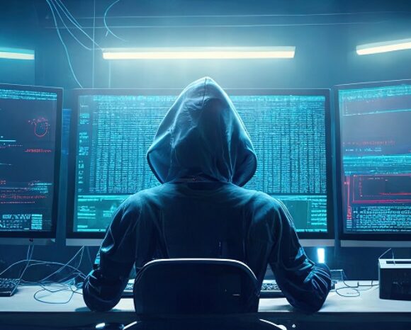 Eine Person mit Kapuze sitzt an einem Schreibtisch mit mehreren Computerbildschirmen, auf denen Codezeilen und digitale Daten angezeigt werden. In dem schwach beleuchteten, in blaues und grünes Licht getauchten Raum konzentrieren sie sich intensiv auf Strategien, die zum Schutz vor russischen Bedrohungsakteuren entscheidend sind, was die geheimnisvolle Atmosphäre noch verstärkt.