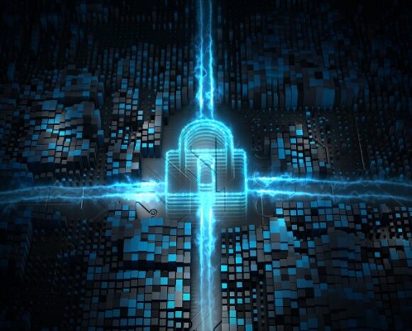In einer futuristischen digitalen Landschaft steht ein leuchtendes Vorhängeschloss inmitten elektrisch blauer Linien, die sich über ein Raster aus 3D-Würfeln erstrecken. Es symbolisiert modernste Cybersicherheit und zeigt, wie gut aktuelle Schutzsoftware vor ausgeklügelten Ransomware-Techniken schützt.