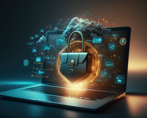 Ein Laptop mit einem großen Vorhängeschloss auf dem Bildschirm, umgeben von digitalen Symbolen und Schaltkreismustern, stellt dar, was nach einem Hackerangriff entscheidend ist. Darüber schwebt eine Wolke, die die Cloud-Sicherheit symbolisiert. Die Szene wird von einem warmen, leuchtenden Licht beleuchtet.