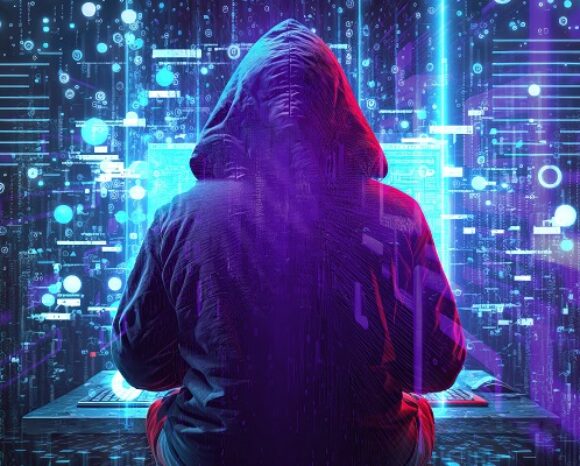 Eine Person mit Kapuzenpullover sitzt vor einem Computerbildschirm voller leuchtender digitaler Elemente und Datenströme. Die Szene erinnert an „Treuhänder im Darknet“ und vermittelt eine hochtechnologische Cyber-Umgebung in leuchtenden Blau- und Lilatönen, in der der übliche Ehrenkodex beiseitegeschoben wird.