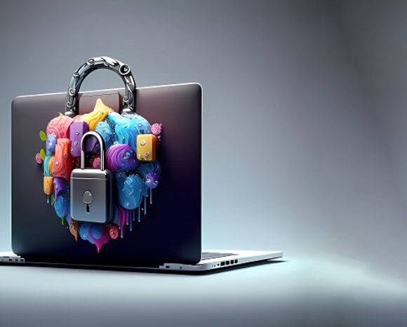 Ein Laptop zeigt ein farbenfrohes herzförmiges Mosaik aus App-Symbolen, wobei ein markantes Vorhängeschloss digitale Sicherheit symbolisiert – eine Anspielung auf eine aktuelle Studie, die zeigt, dass es vielen Unternehmen an Cyber-Resilienz mangelt. Der neutrale Farbverlauf im Hintergrund unterstreicht dieses überzeugende Design.
