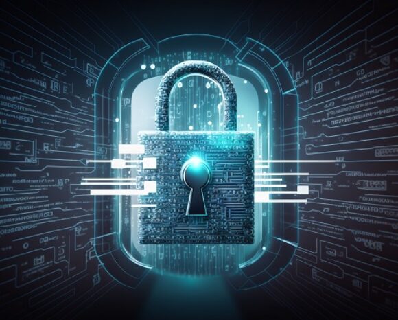 Ein blau leuchtendes digitales Vorhängeschloss, das Cybersicherheit symbolisiert, ist vor einem Hintergrund aus schaltkreisähnlichen Mustern und Binärcode angeordnet und suggeriert einen nahtlosen Übergang vom Schwachstellenmanagement zum System zur Angriffserkennung für verbesserten Datenschutz und sichere Technologie.