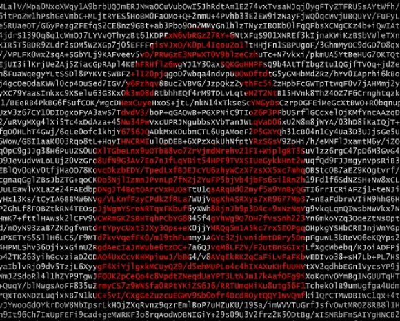 Ransomware-Analyse enthüllt eine ASCII-Art-Darstellung des Spider-Man-Logos, nahtlos eingebettet in einen Block zufälliger alphanumerischer Zeichen. Das markante rote Logo hebt sich deutlich vom monochromen Texthintergrund ab.