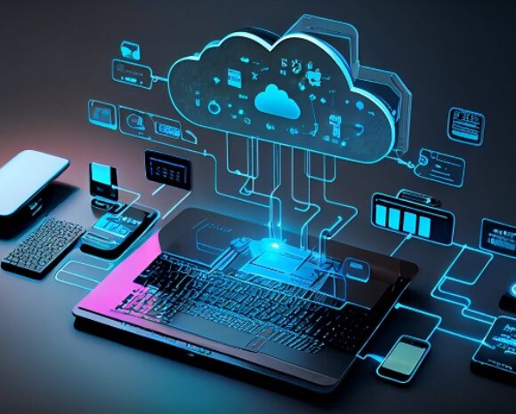 Eine futuristische Szene zeigt Cloud Computing. Ein leuchtendes 3D-Cloud-Symbol ist mit einem Laptop verbunden. Verschiedene digitale Symbole, die Konnektivität und Speicher darstellen, schweben darüber. Als Reaktion auf die weltweiten Forderungen von Cybersicherheitsbehörden nach mehr Sicherheit für IT-Produkte heben leuchtende neonblaue Elemente den dunklen Hintergrund hervor.