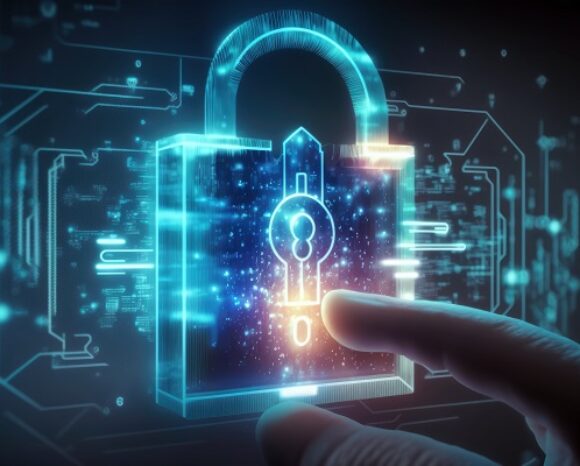 Ein digitales Schlosssymbol, das in blauem Licht leuchtet, erscheint in einer futuristischen Umgebung voller schaltkreisähnlicher Muster. Der Finger einer Person berührt gerade das Schloss und verdeutlicht, wie Unternehmen bereits mit grundlegenden Sicherheitsaufgaben überfordert sind.