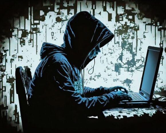 Eine vermummte Gestalt sitzt in einem schwach beleuchteten Raum an einem Laptop und konzentriert sich auf den Bildschirm. Der Hintergrund zeigt abstrakte digitale Muster, die auf Bedenken hinsichtlich der Cybersicherheit hinweisen, da immer mehr Cyberangriffe auf Bildungseinrichtungen stattfinden.