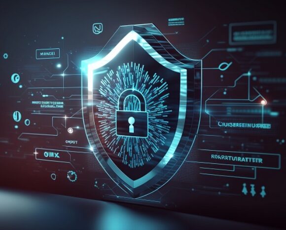 Ein leuchtendes Schildsymbol mit einem Schloss in der Mitte, umgeben von digitalen Schaltkreisen und Binärcodes, steht für Cybersicherheit und Datenschutz. Die Szene spiegelt den Innovationsgeist der Neuen Cyberkonferenz wider und bietet praktische Tools und Konzepte.