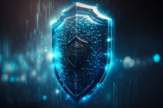 Ein futuristischer, leuchtend blauer Schild mit kleinen Kugeln und schimmernden Effekten steht vor dunklem Hintergrund und verkörpert digitalen Schutz. Ausgestattet mit proaktiver Threat Intelligence ist er Cyberkriminellen immer einen Schritt voraus.